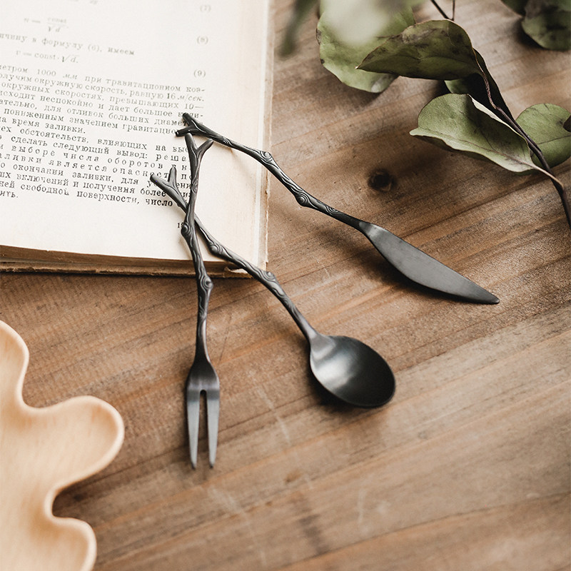 Vintage Collectible Spoons - 일본풍 빈티지 나뭇가지 모양 스테인리스 과일